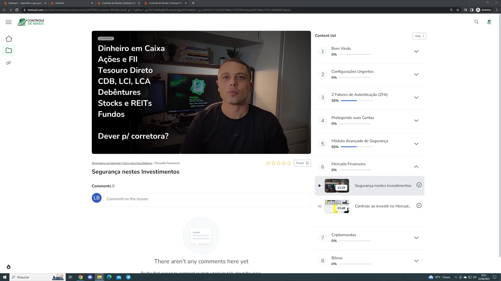 Tela da área de membros mostrando uma aula em andamento