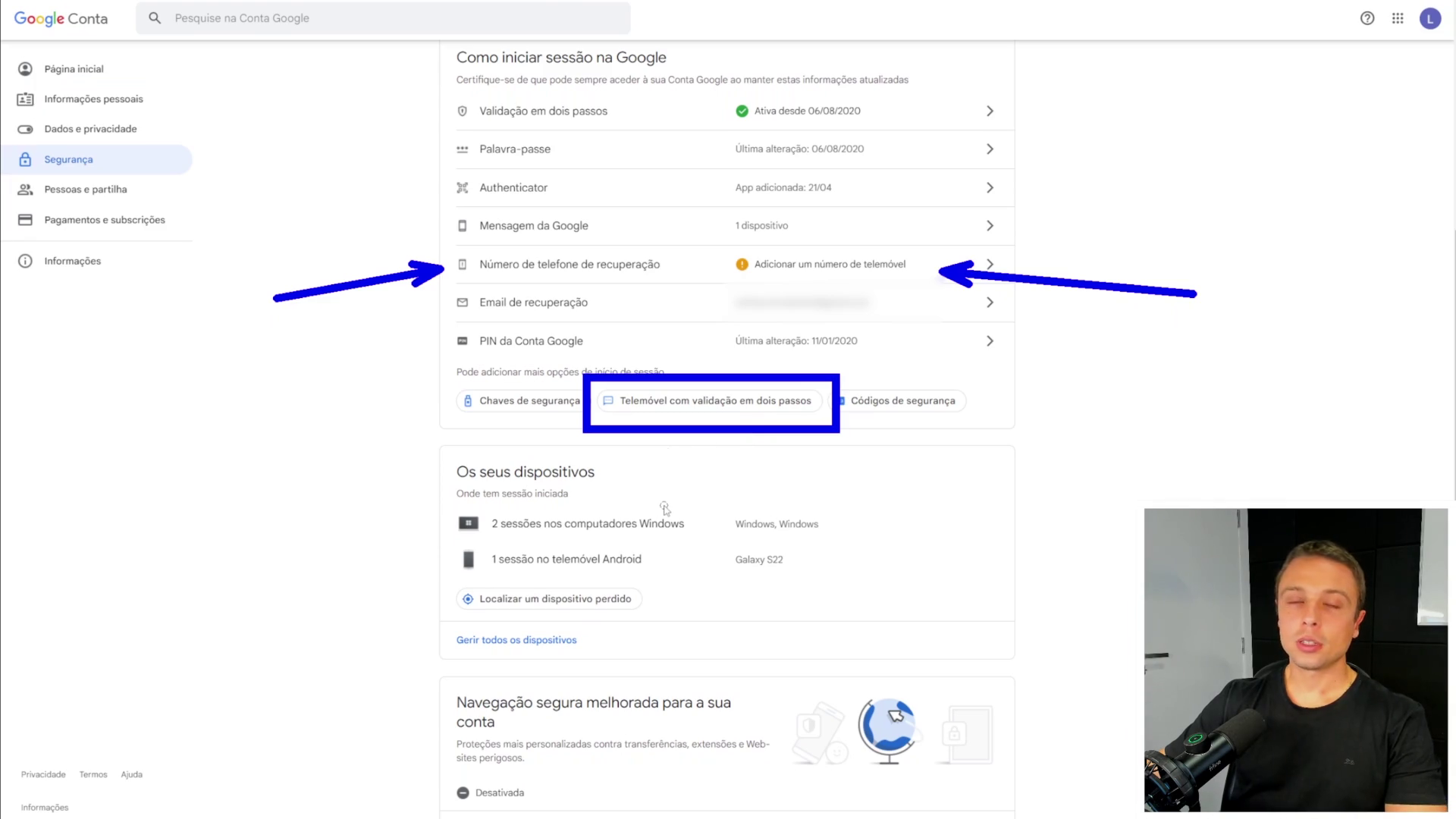 Aula sobre revisão de segurança da Conta Google