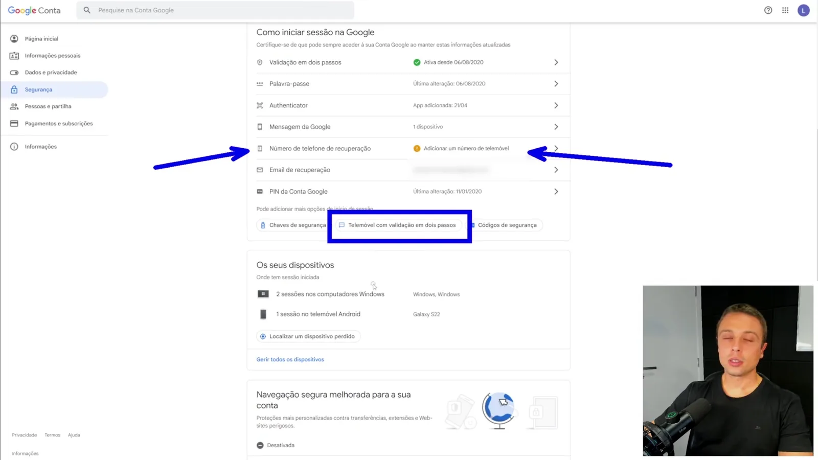 Aula sobre revisão de segurança da Conta Google